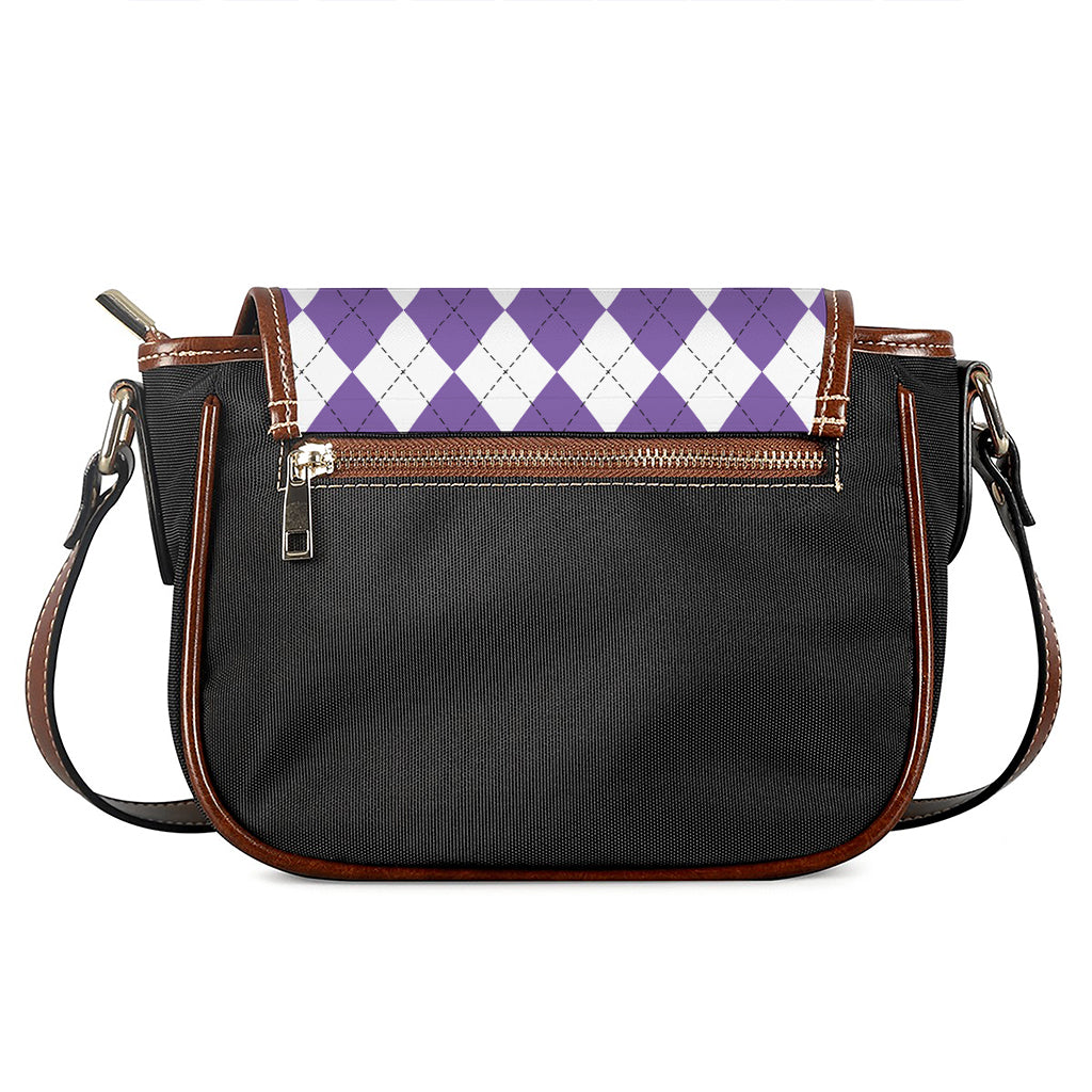 White And Purple Argyle Pattern Print Saddle Bag