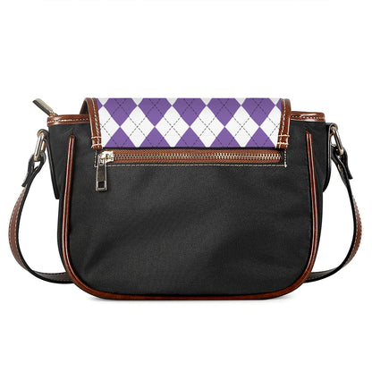 White And Purple Argyle Pattern Print Saddle Bag