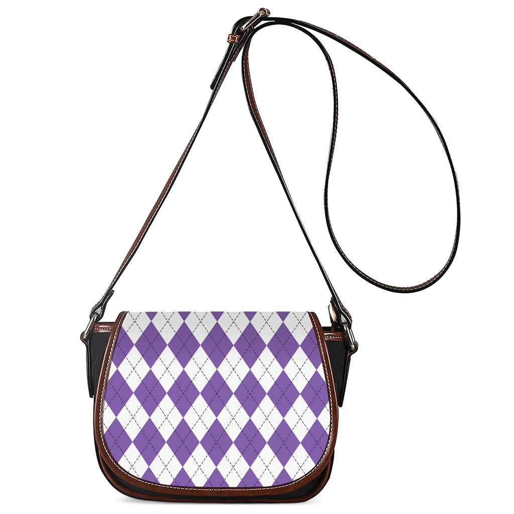 White And Purple Argyle Pattern Print Saddle Bag
