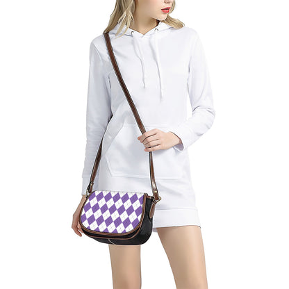 White And Purple Argyle Pattern Print Saddle Bag