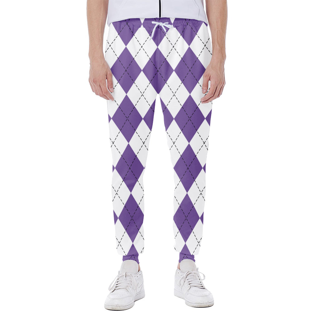 White And Purple Argyle Pattern Print Scuba Joggers