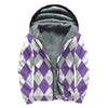 White And Purple Argyle Pattern Print Sherpa Lined Zip Up Hoodie