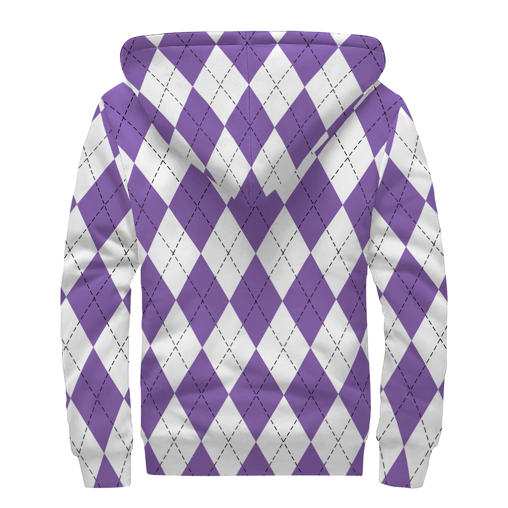 White And Purple Argyle Pattern Print Sherpa Lined Zip Up Hoodie