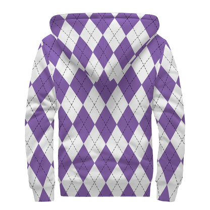 White And Purple Argyle Pattern Print Sherpa Lined Zip Up Hoodie