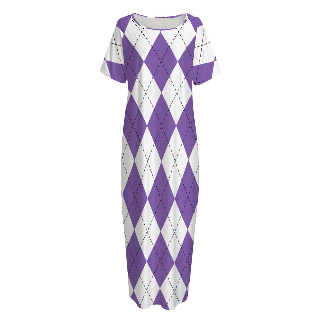 White And Purple Argyle Pattern Print Short Sleeve Long Nightdress