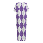 White And Purple Argyle Pattern Print Short Sleeve Long Nightdress