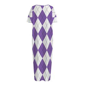 White And Purple Argyle Pattern Print Short Sleeve Long Nightdress