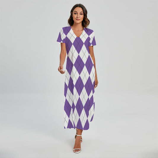 White And Purple Argyle Pattern Print Short Sleeve Maxi Dress