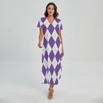 White And Purple Argyle Pattern Print Short Sleeve Maxi Dress