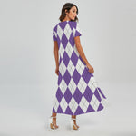 White And Purple Argyle Pattern Print Short Sleeve Maxi Dress