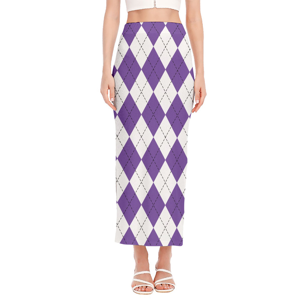 White And Purple Argyle Pattern Print Side Slit Maxi Skirt