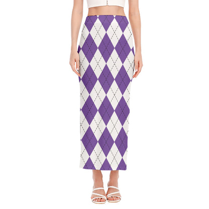 White And Purple Argyle Pattern Print Side Slit Maxi Skirt