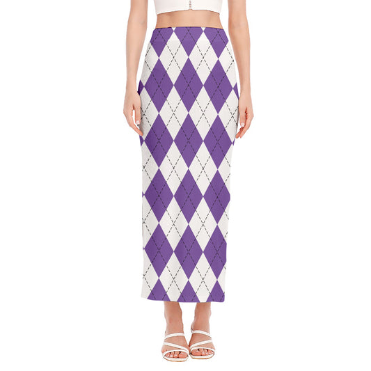 White And Purple Argyle Pattern Print Side Slit Maxi Skirt