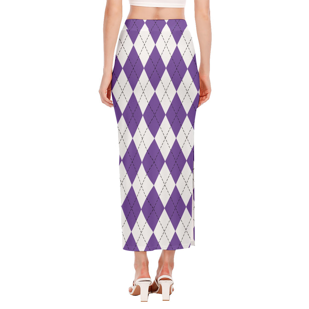 White And Purple Argyle Pattern Print Side Slit Maxi Skirt