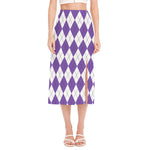 White And Purple Argyle Pattern Print Side Slit Midi Skirt