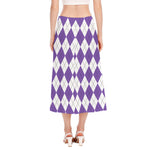 White And Purple Argyle Pattern Print Side Slit Midi Skirt