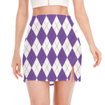 White And Purple Argyle Pattern Print Side Slit Mini Skirt