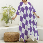 White And Purple Argyle Pattern Print Silk V-Neck Kaftan Dress