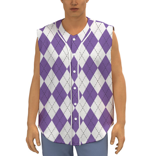 White And Purple Argyle Pattern Print Sleeveless Baseball Jersey