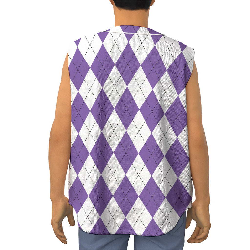 White And Purple Argyle Pattern Print Sleeveless Baseball Jersey