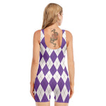 White And Purple Argyle Pattern Print Sleeveless One Piece Swimsuit