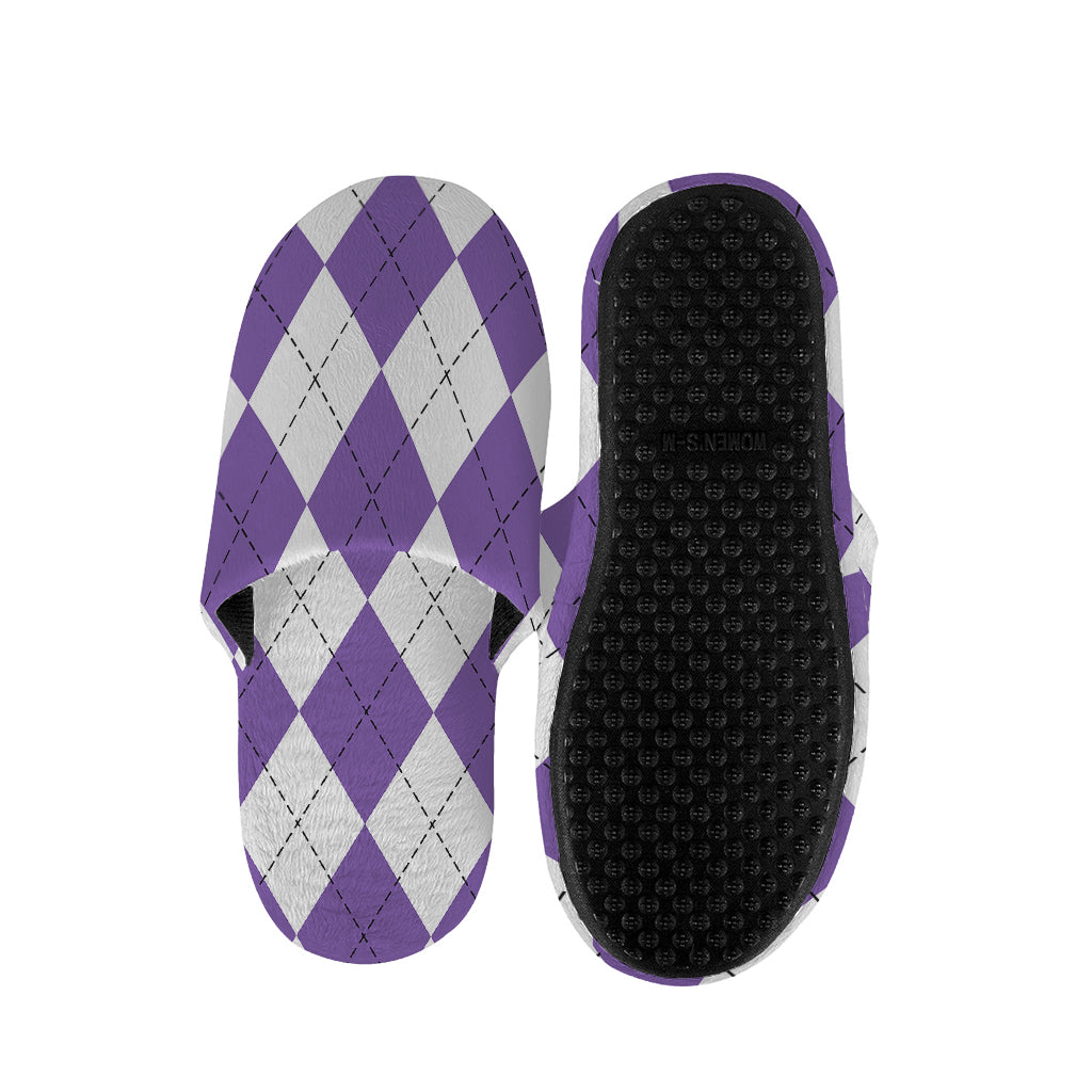 White And Purple Argyle Pattern Print Slippers