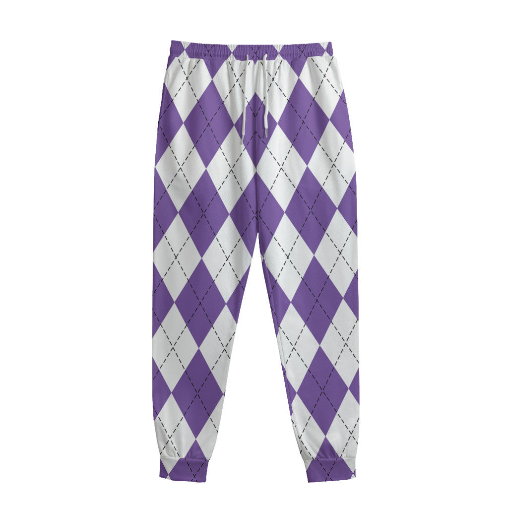 White And Purple Argyle Pattern Print Sweatpants