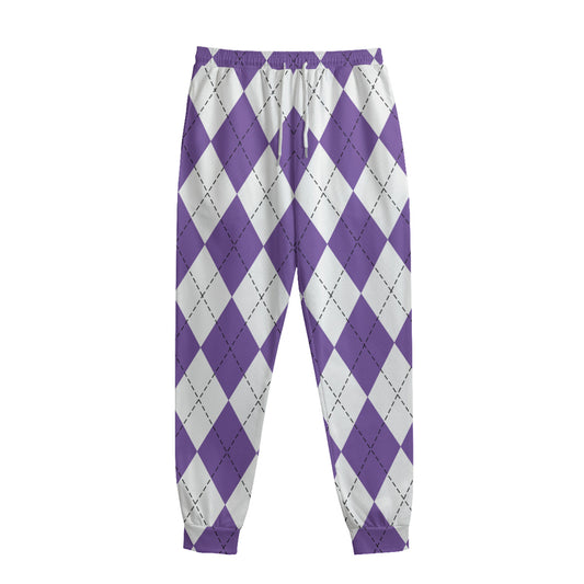 White And Purple Argyle Pattern Print Sweatpants
