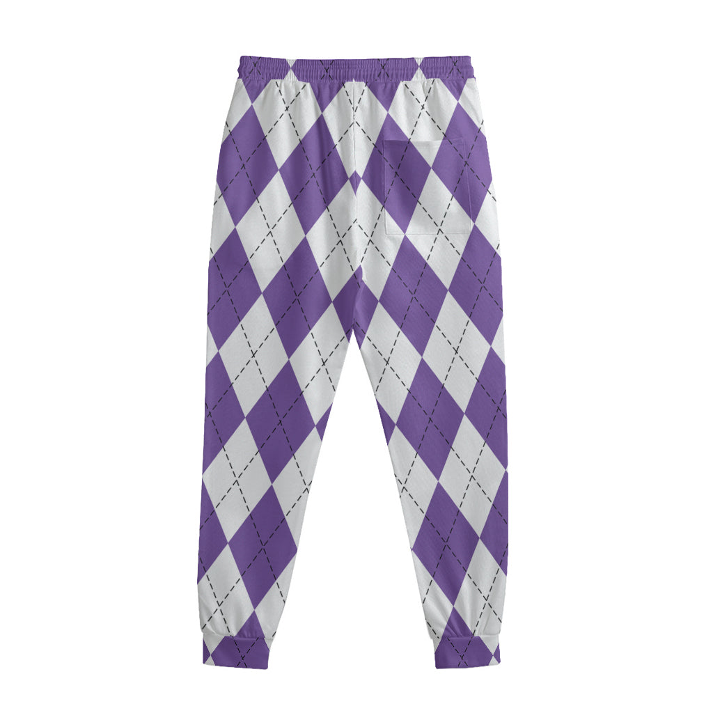 White And Purple Argyle Pattern Print Sweatpants
