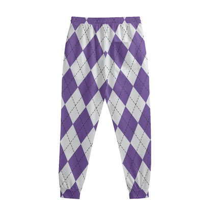 White And Purple Argyle Pattern Print Sweatpants