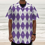 White And Purple Argyle Pattern Print Textured Short Sleeve Shirt