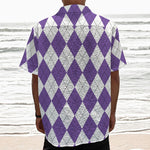 White And Purple Argyle Pattern Print Textured Short Sleeve Shirt