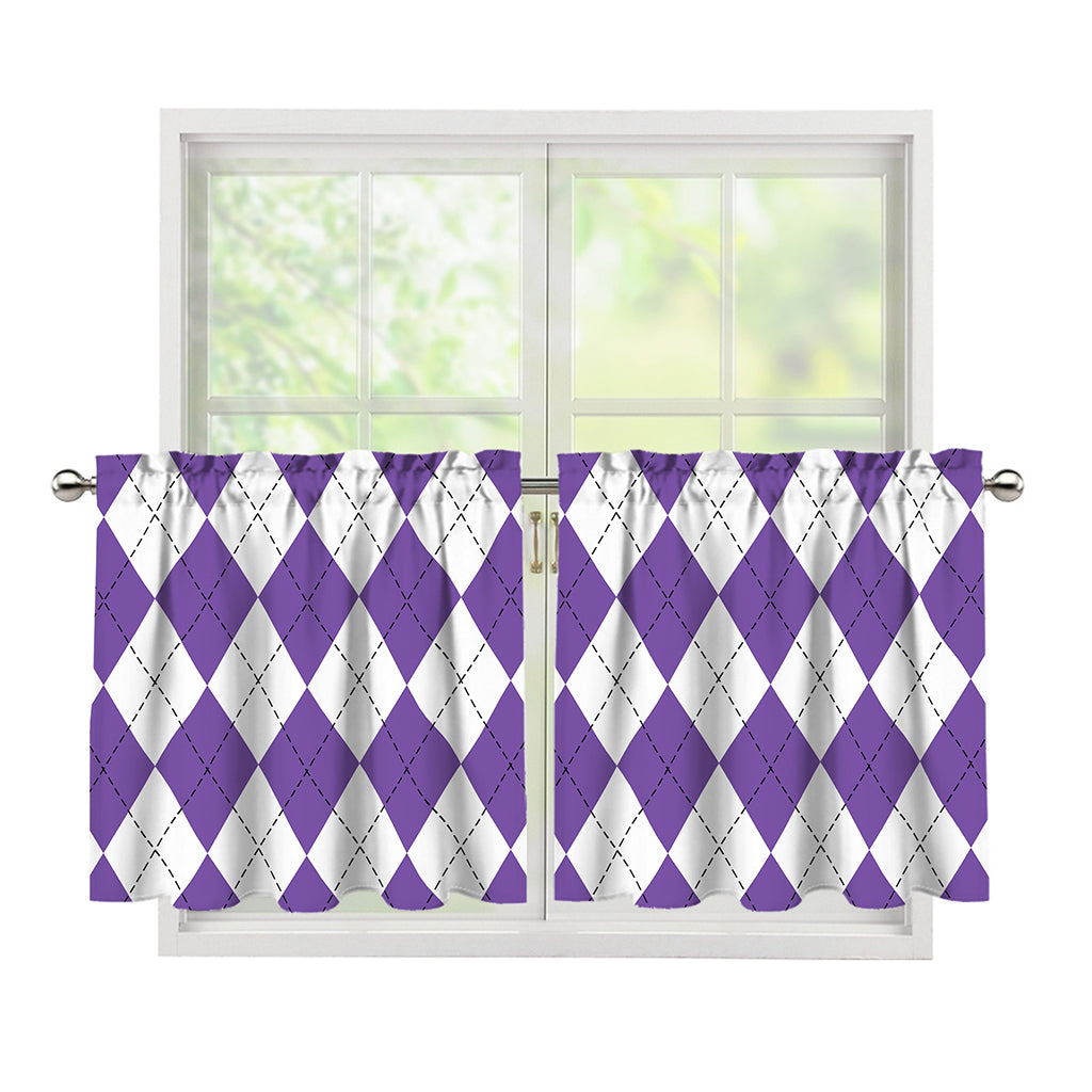 White And Purple Argyle Pattern Print Tier Curtains
