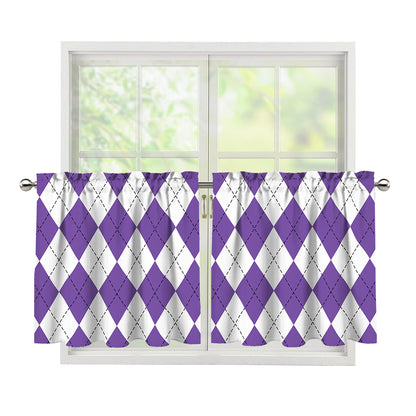 White And Purple Argyle Pattern Print Tier Curtains