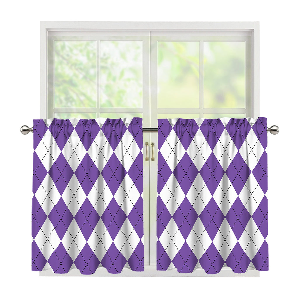 White And Purple Argyle Pattern Print Tier Curtains