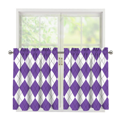 White And Purple Argyle Pattern Print Tier Curtains