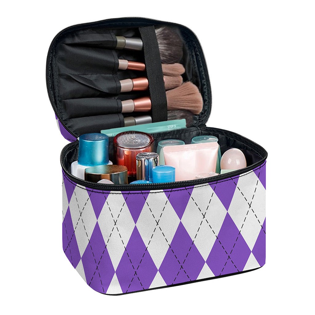White And Purple Argyle Pattern Print Travel Makeup Bag