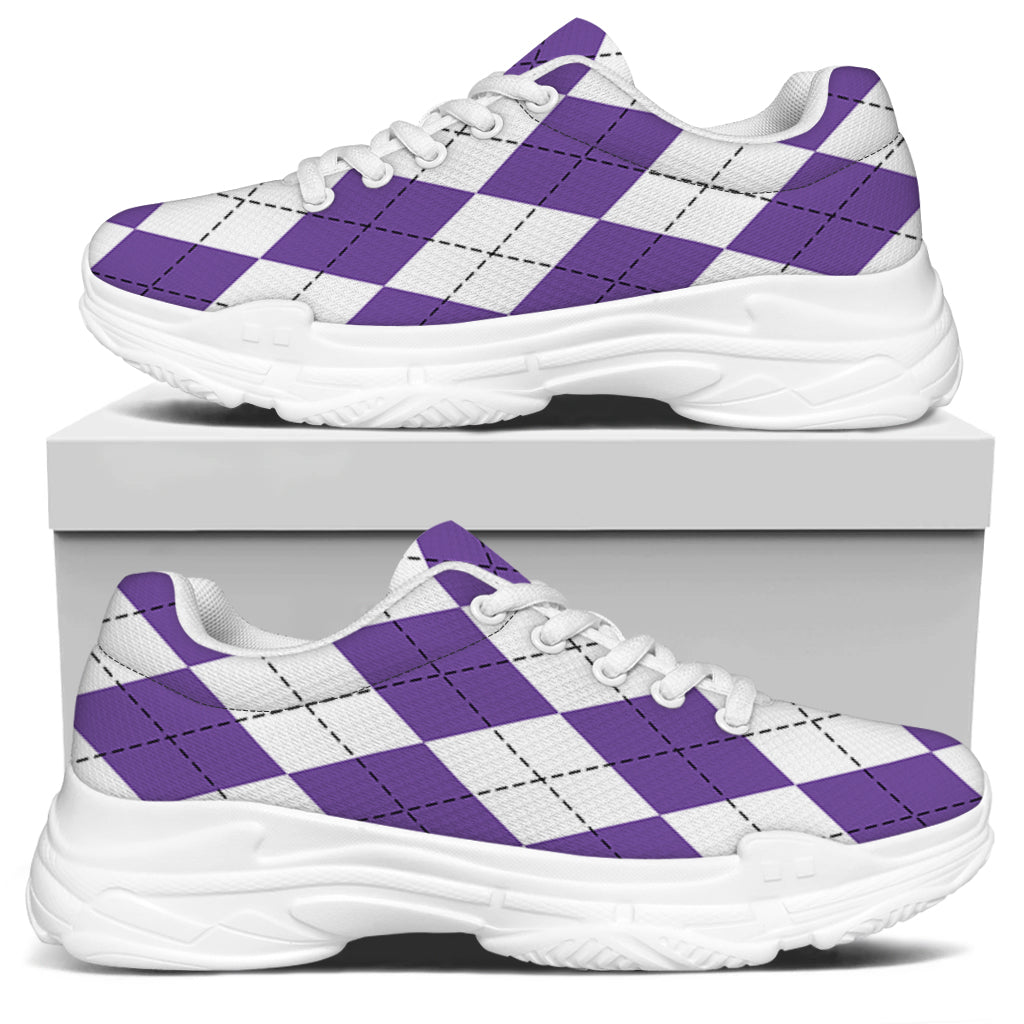 White And Purple Argyle Pattern Print White Chunky Shoes