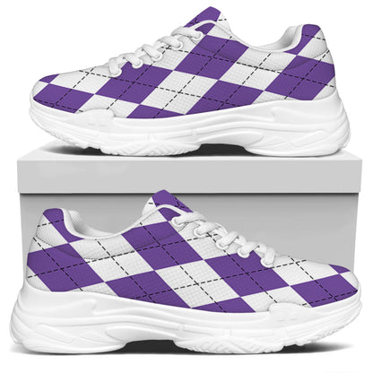 White And Purple Argyle Pattern Print White Chunky Shoes