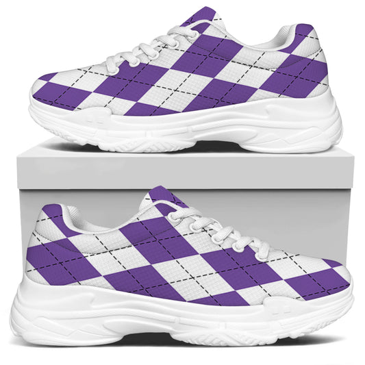 White And Purple Argyle Pattern Print White Chunky Shoes