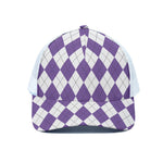 White And Purple Argyle Pattern Print White Mesh Trucker Cap