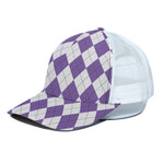 White And Purple Argyle Pattern Print White Mesh Trucker Cap