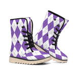 White And Purple Argyle Pattern Print Winter Boots