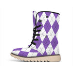 White And Purple Argyle Pattern Print Winter Boots