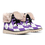 White And Purple Argyle Pattern Print Winter Boots