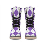 White And Purple Argyle Pattern Print Winter Boots