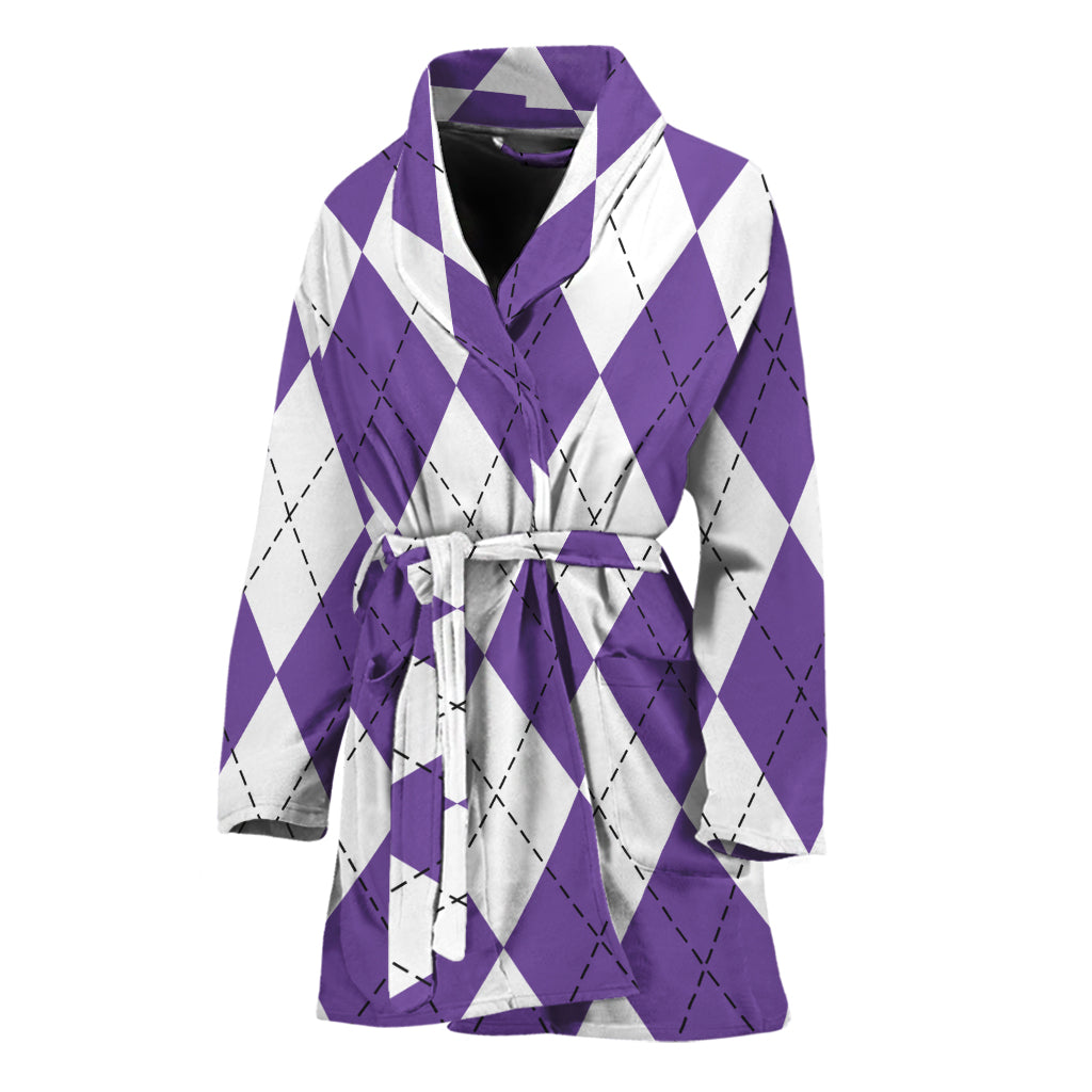 White And Purple Argyle Pattern Print Women's Bathrobe