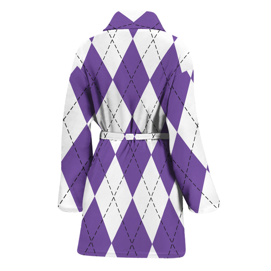 White And Purple Argyle Pattern Print Women's Bathrobe