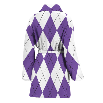 White And Purple Argyle Pattern Print Women's Bathrobe