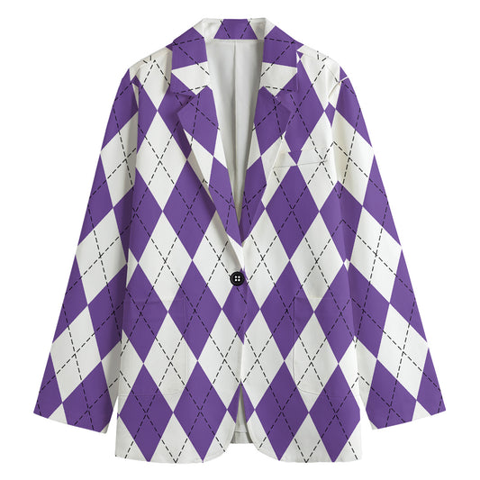 White And Purple Argyle Pattern Print Women's Blazer